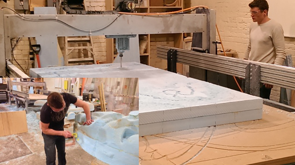 Polystyrene foam layers stacked and glued for final piece
