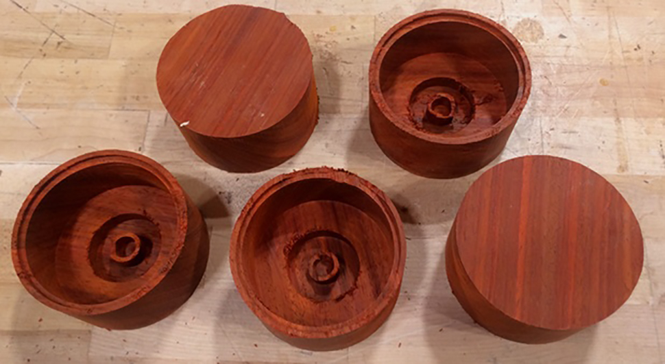 Close up Padauk wood cylinders, cut on the ShopBot CNC Router at NextFab