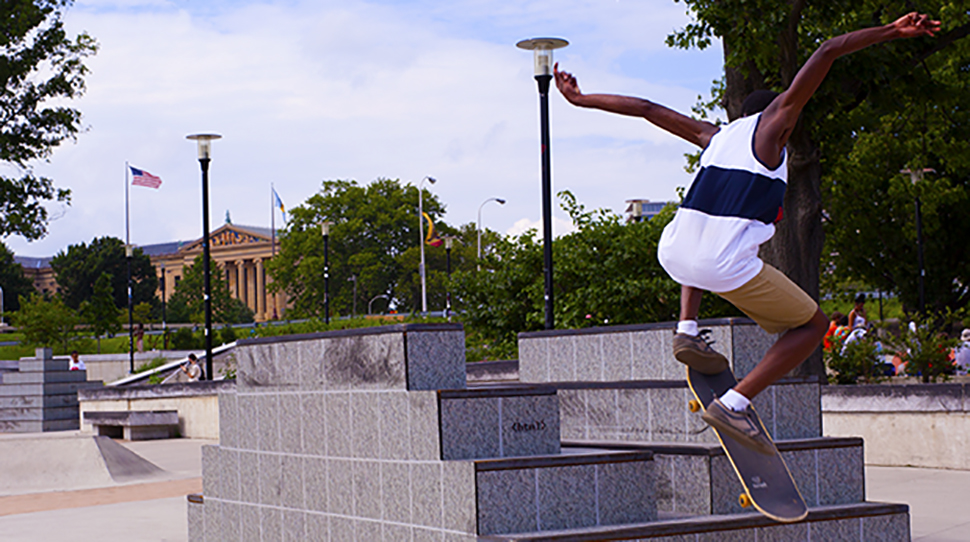Skateboarder at Paine's Park using installation made at NextFab
